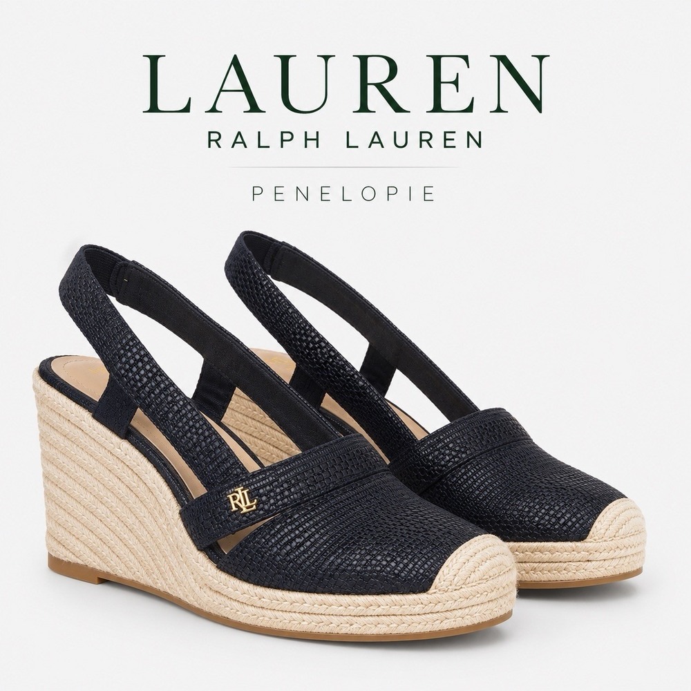 Lauren Ralph Lauren Penelope Navy and Natural Espadrille Wedges